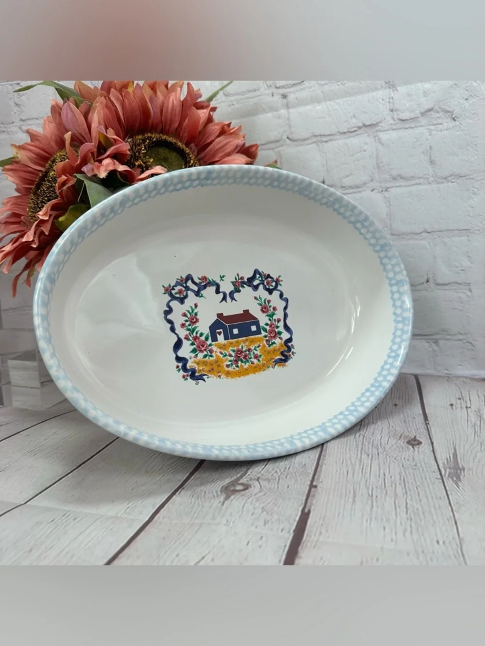 vtg 90s casserole baking dish Cottagecore spongeware rim farmhouse country